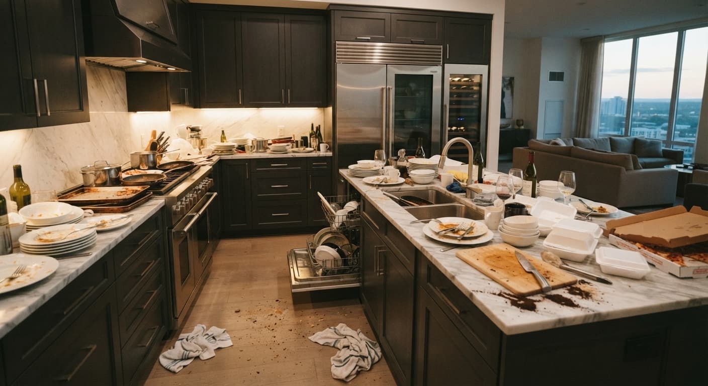 A cluttered, dusty room with items scattered before cleaning