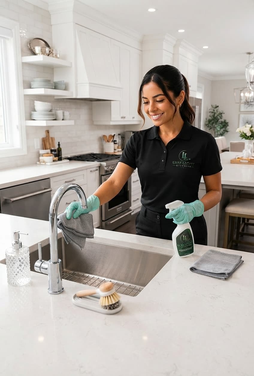 A Luxe Legacy cleaner wiping down a spotless white kitchen